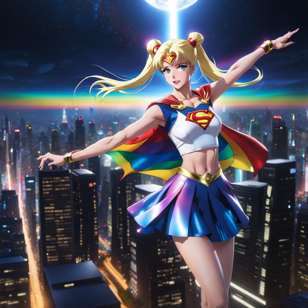 Sailor Moon Supergirl Fusion Flying Over Metropolis