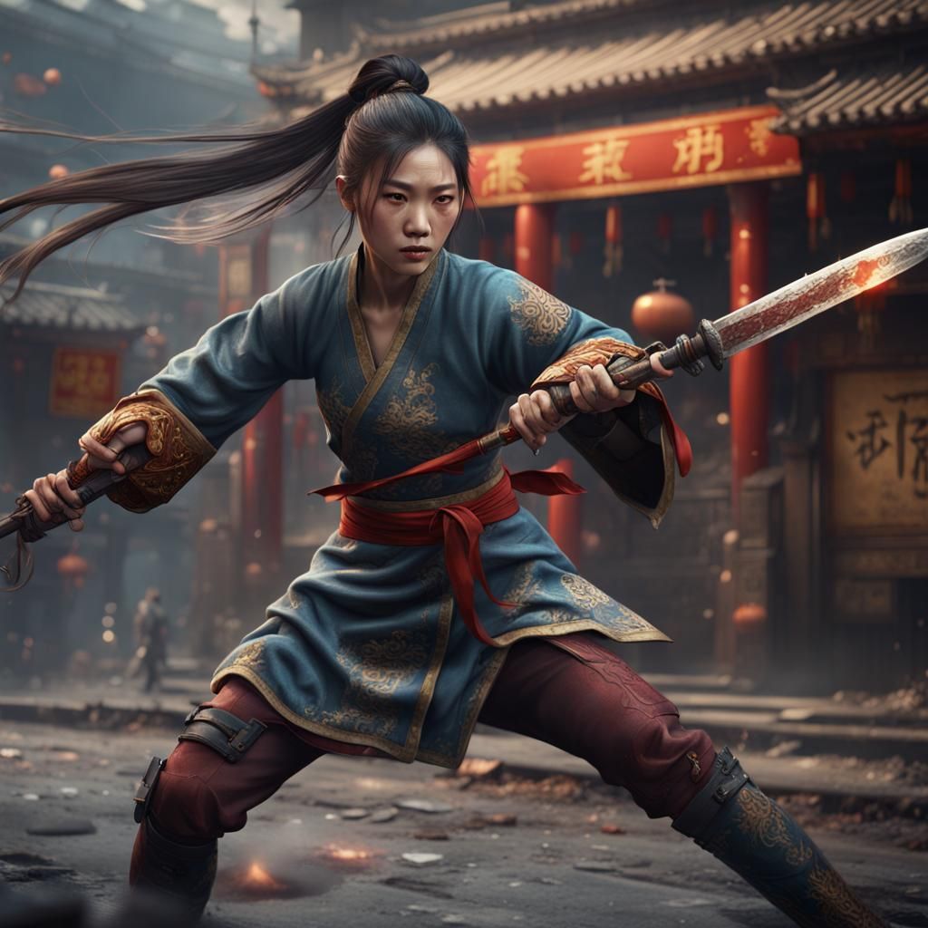 Chinese Girl Street Fight: Detailed Matte Painting