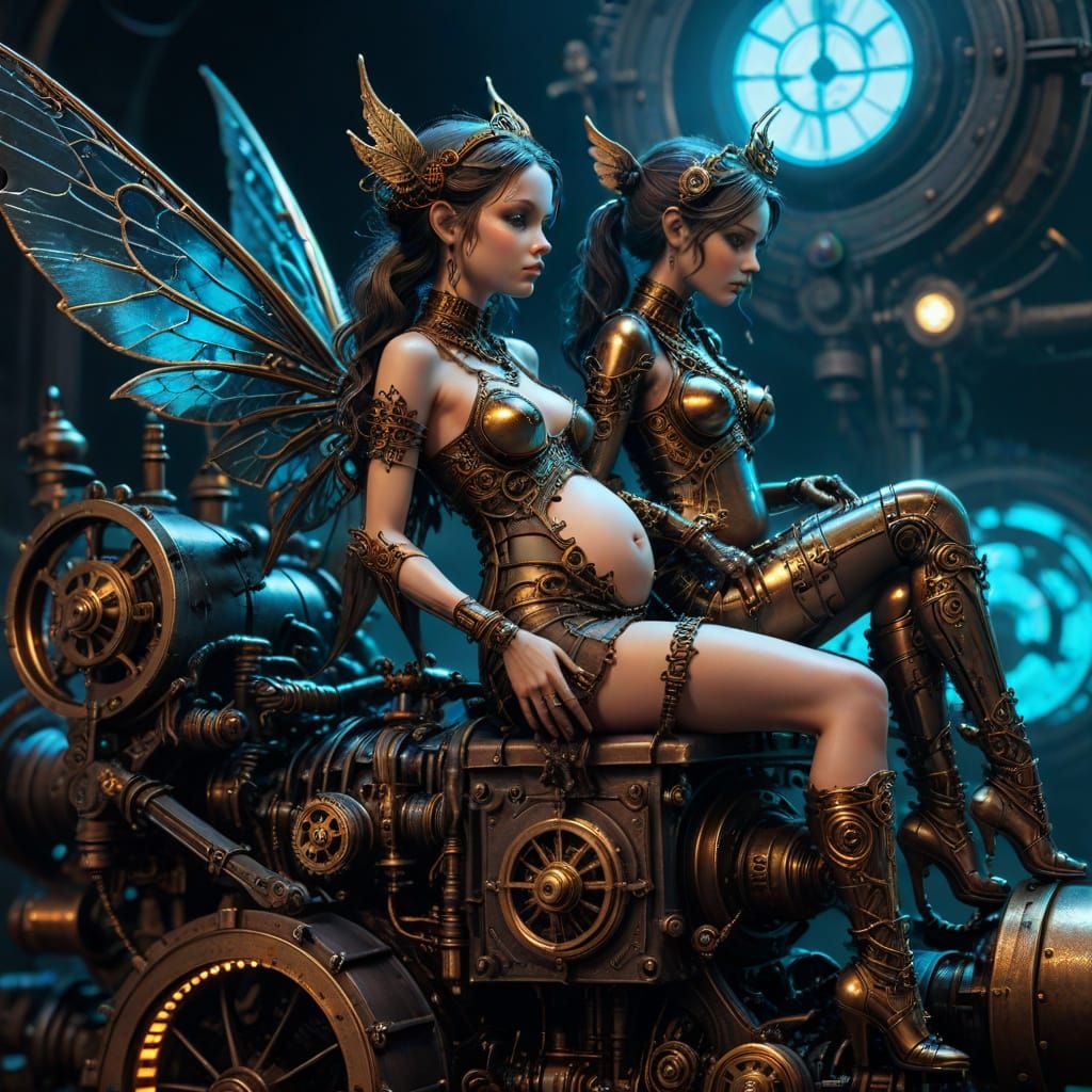Pregnant Fairy on Steampunk Engine in Dark Fantasy Art