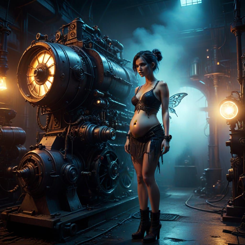 Pregnant Fairy in Cyberpunk Noir Scene