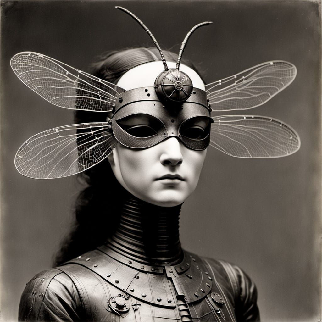 Surreal Dragonfly Mask Sculpture in Charcoal Style