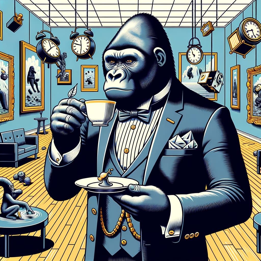 Dapper Gorilla Sips Tea in Dadaist Art Gallery
