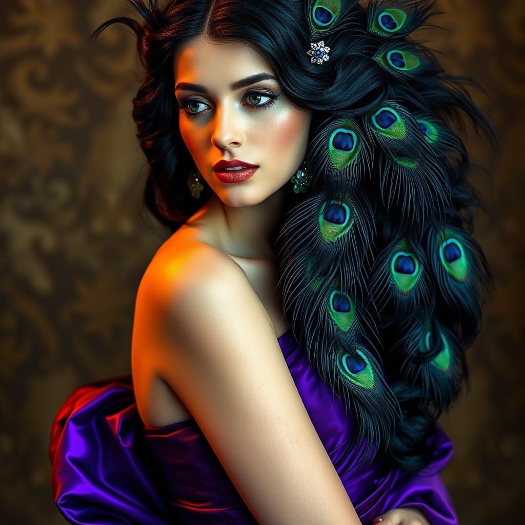 Woman in Purple Gown with Peacock Feathers and Sapphires