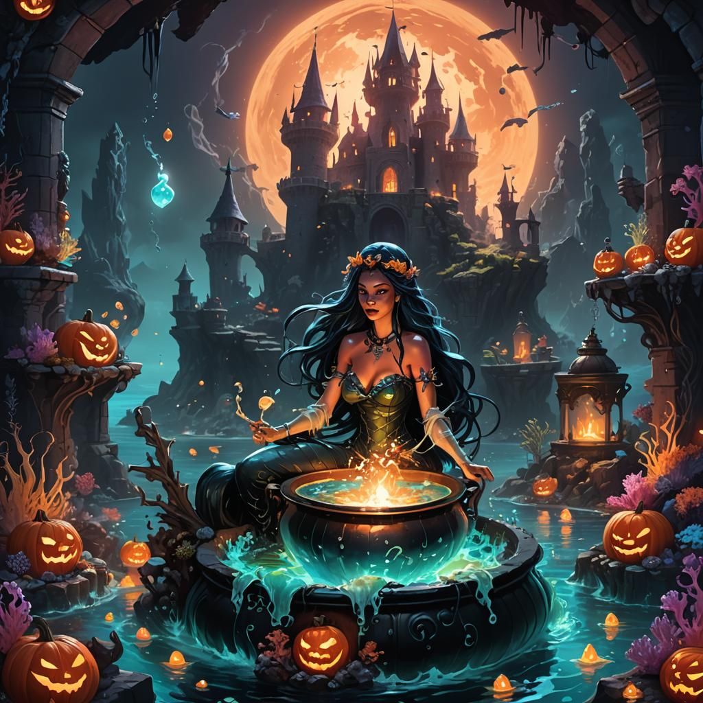 Mermaid Witch Brewing Potions in Submerged Castle