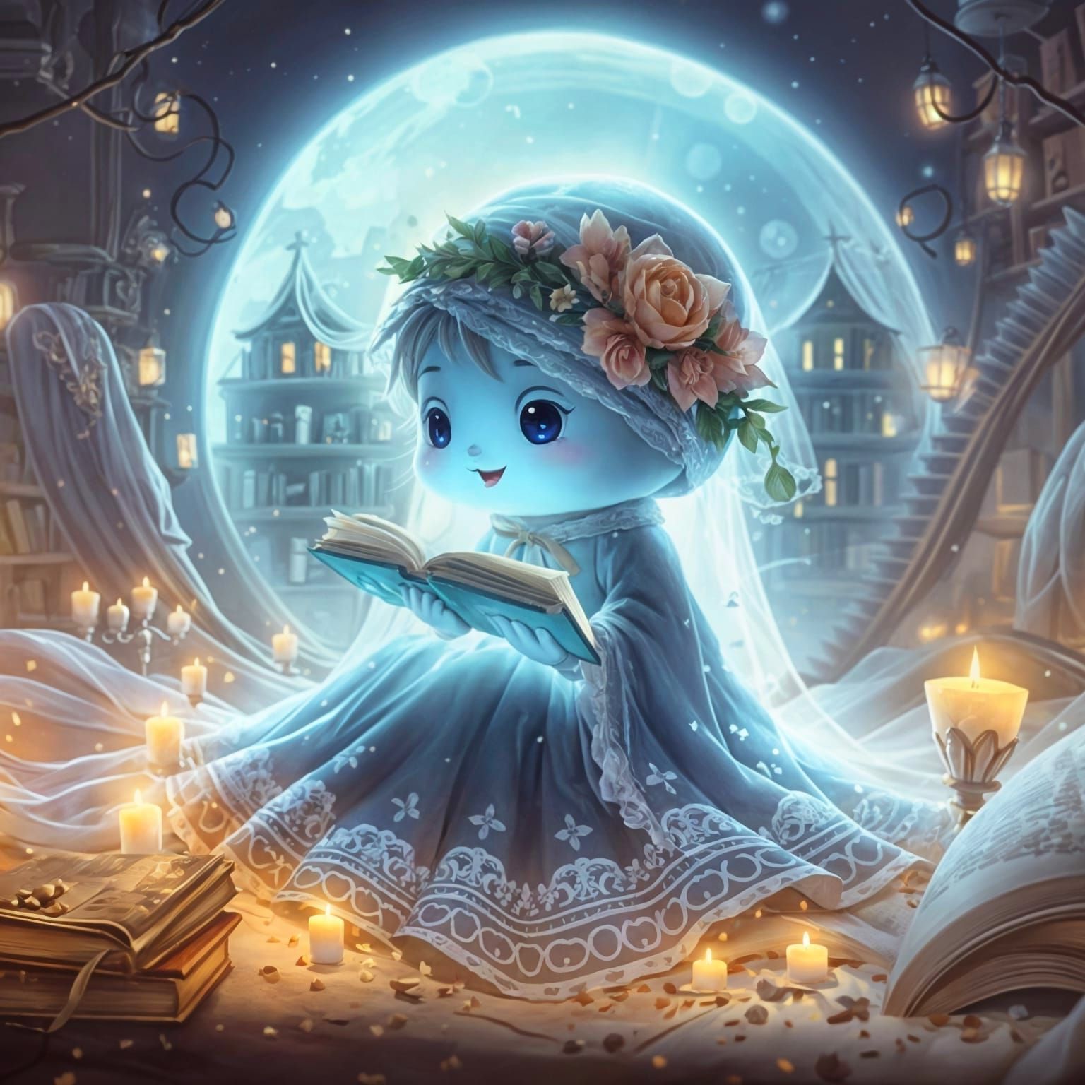 Adorable Chibi Ghost Reading a Book