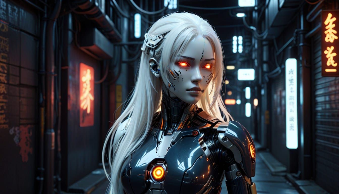 Cyberpunk Gynoid in Neon Alleyway