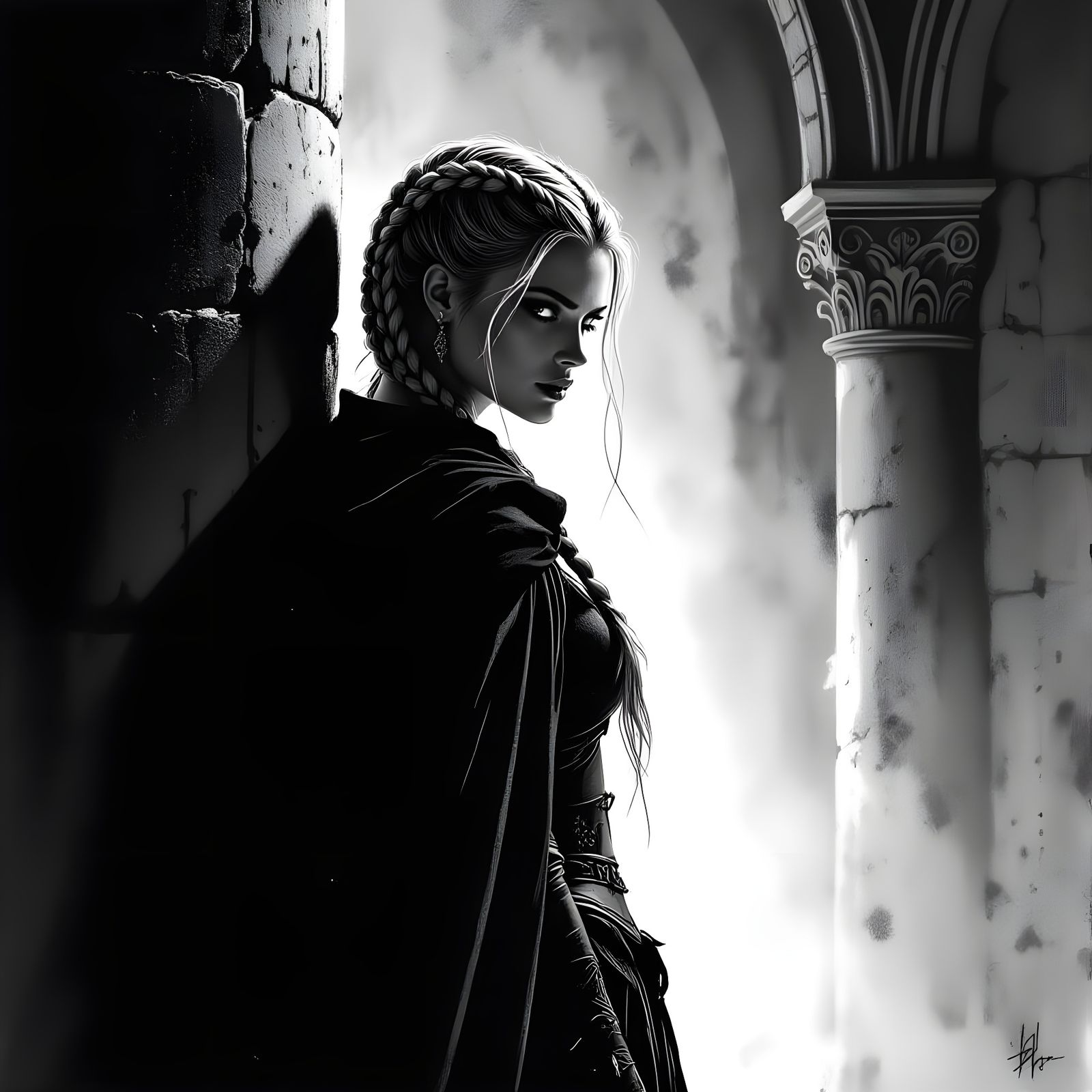 Norse Goddess Portrait in Grainy Film Noir Style