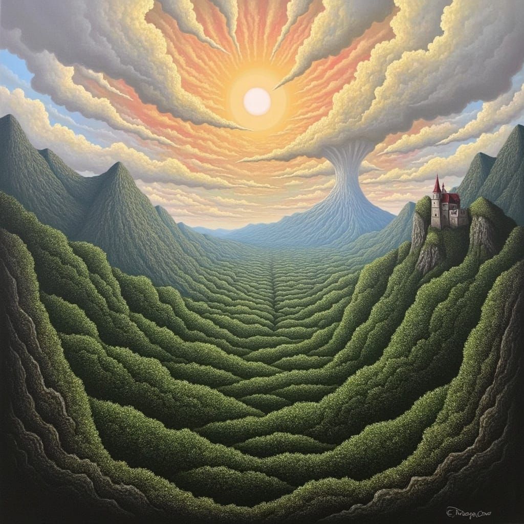 Castle and Volcano in Sunlit Valley, Surreal Style
