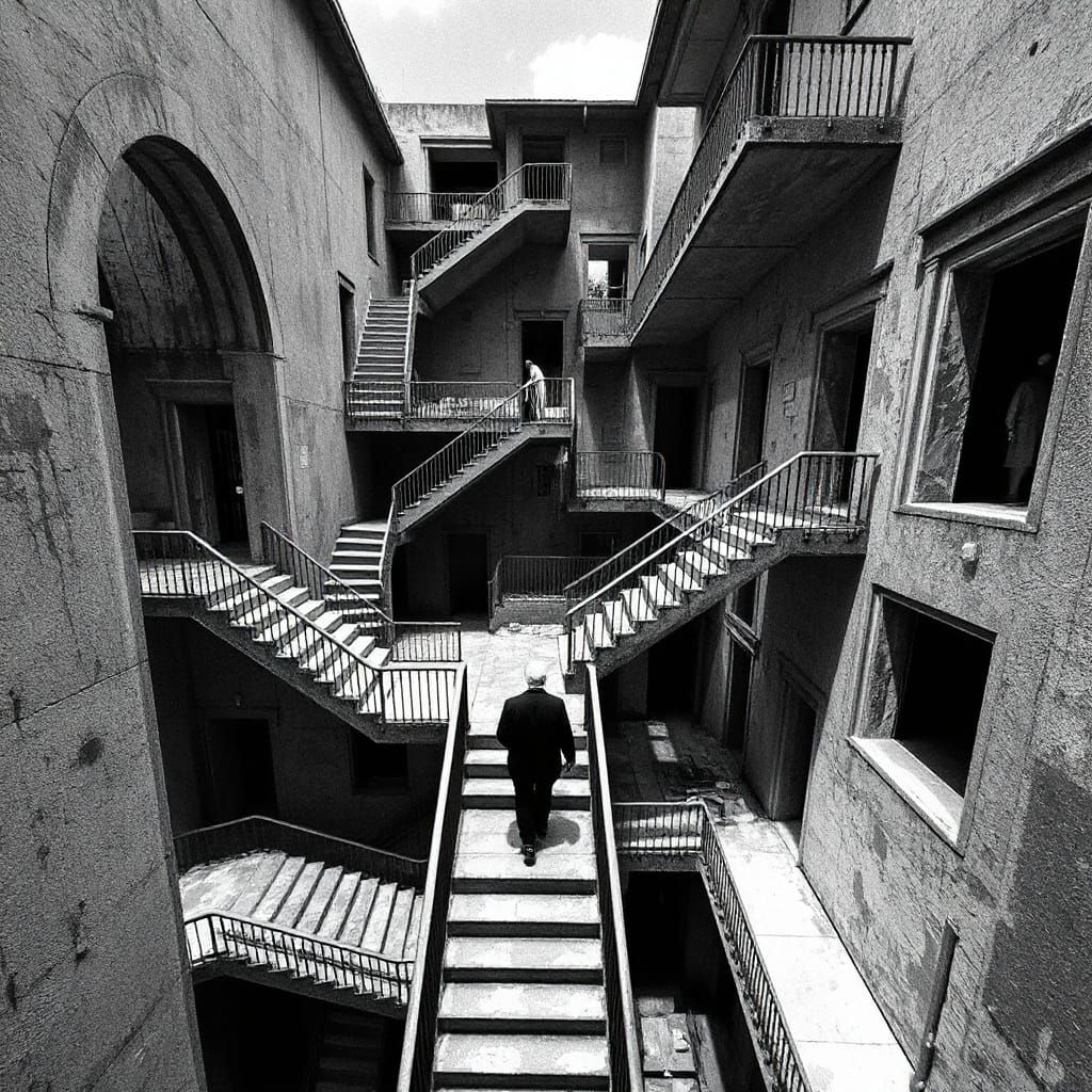 Impossible Brutalist Stairwell Maze Inspired by Escher