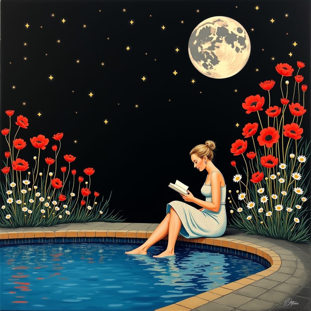 Woman Reading by Pool in Palekh Style