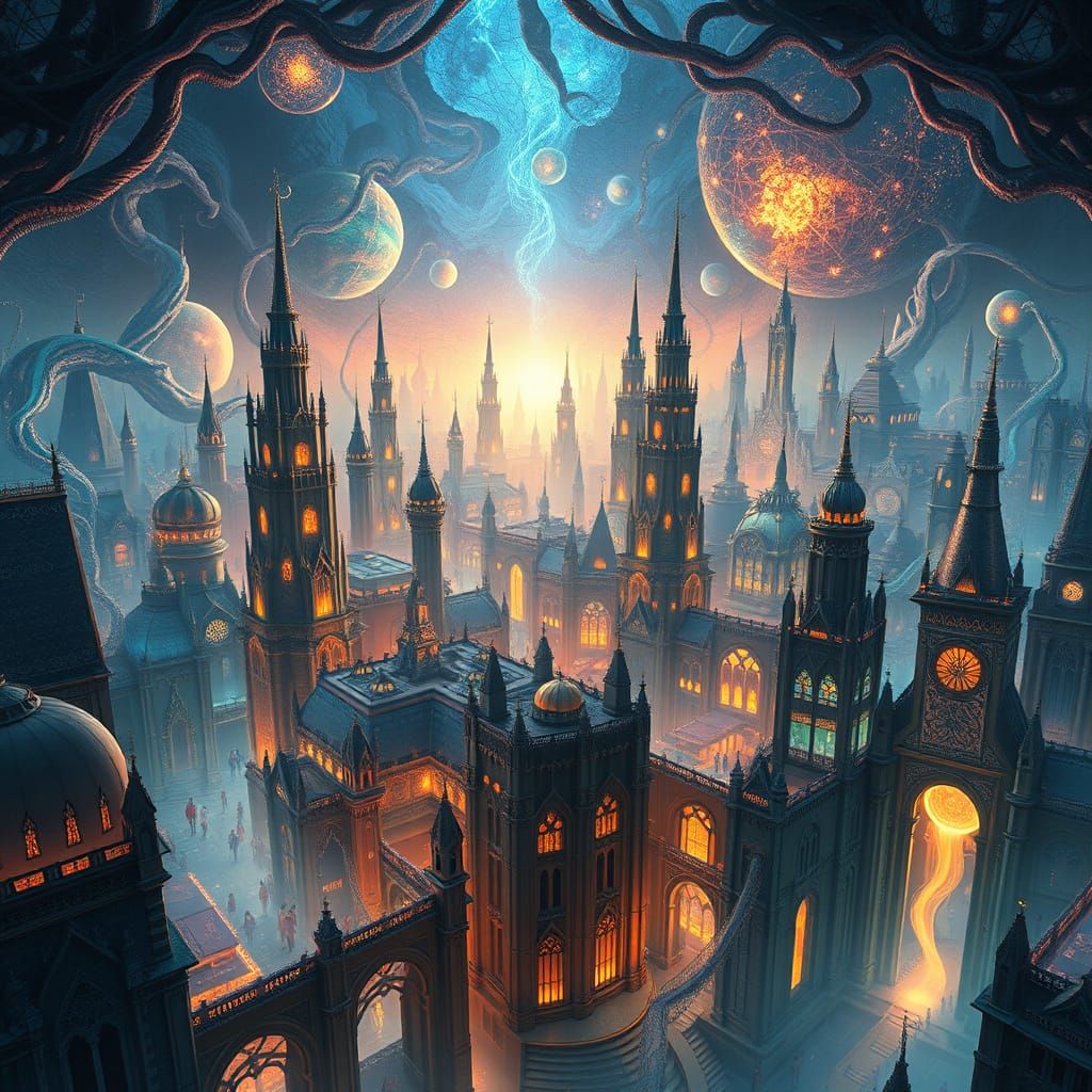 Dreamlike Cityscape of Interconnected Minds in Vibrant, Ethe...