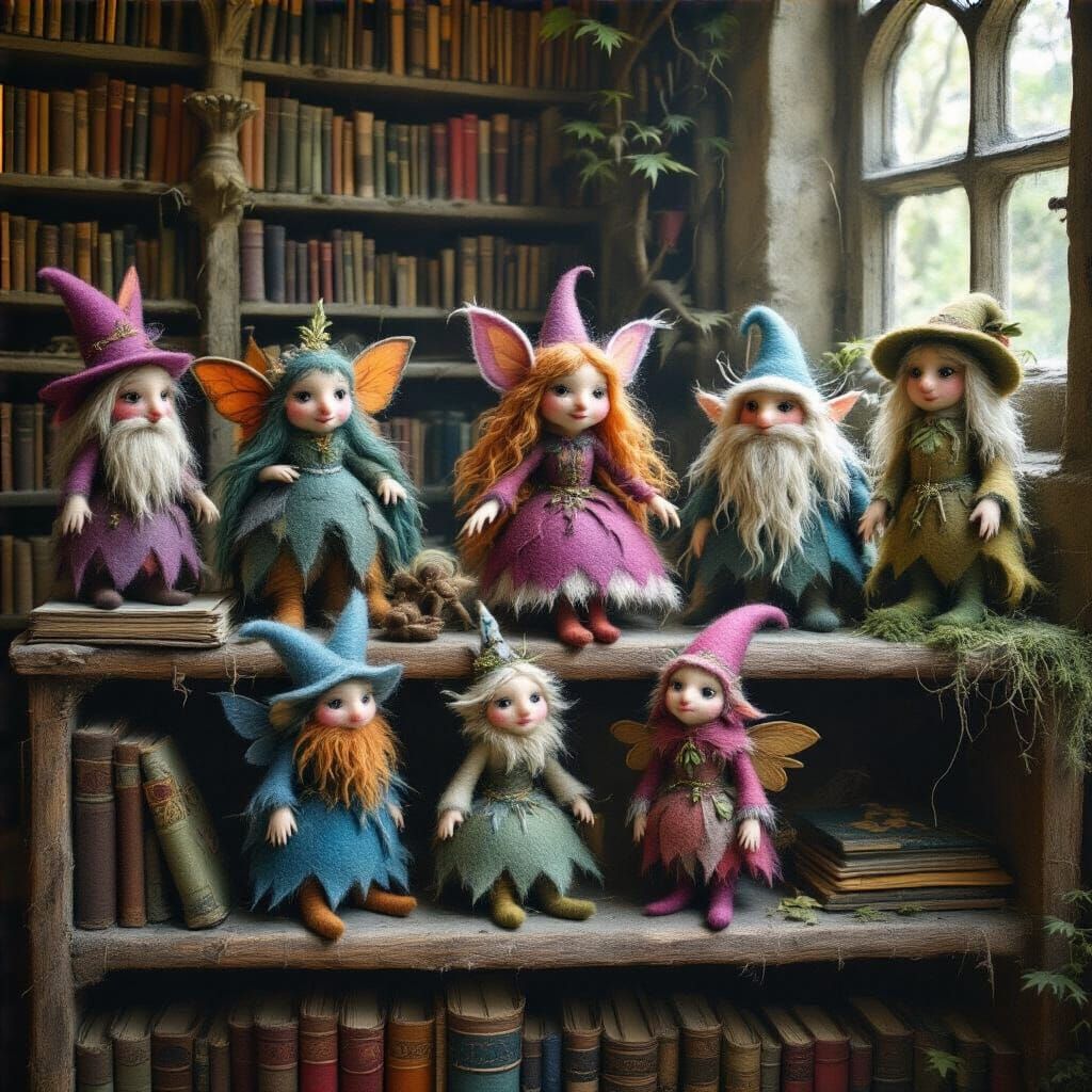 Felted Fairy Tale Creatures in Mystical Library