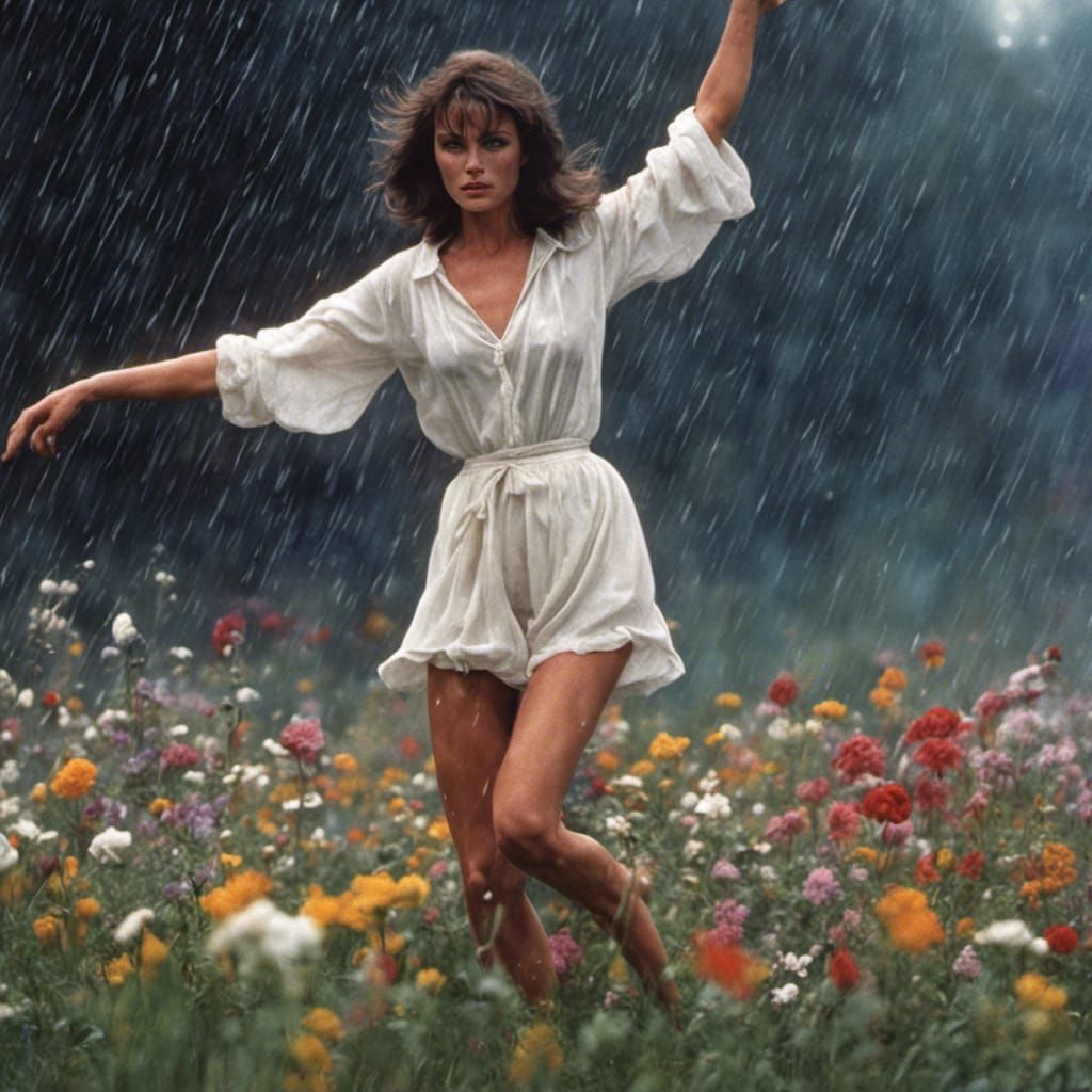 Jacqueline Bisset Dancing in Rainy Flower Meadow