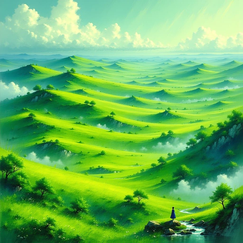 Whimsical Emerald Hills in a Fantastical Realist Style