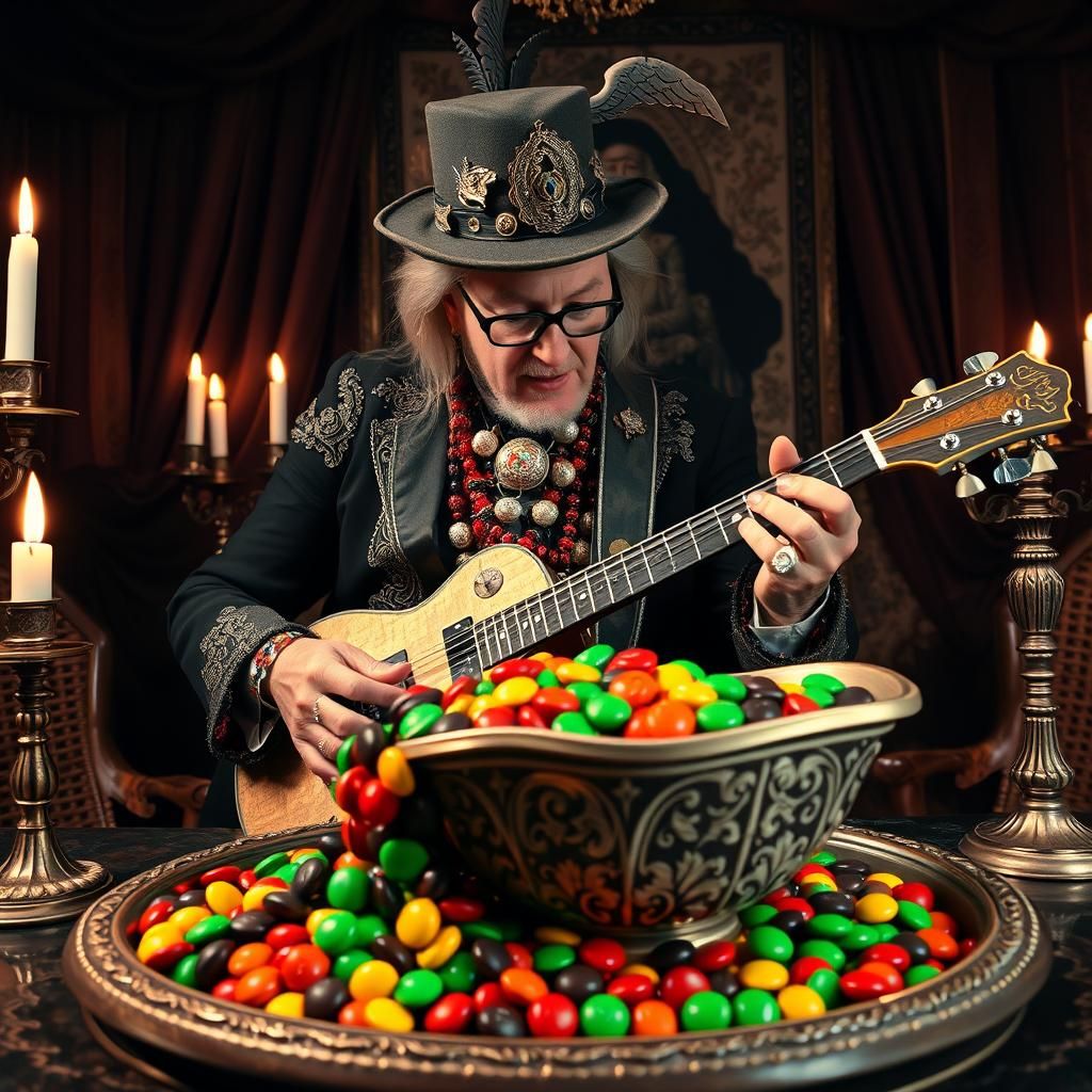 Eccentric Guitarist's M&M Ritual in Terry Gilliam Style