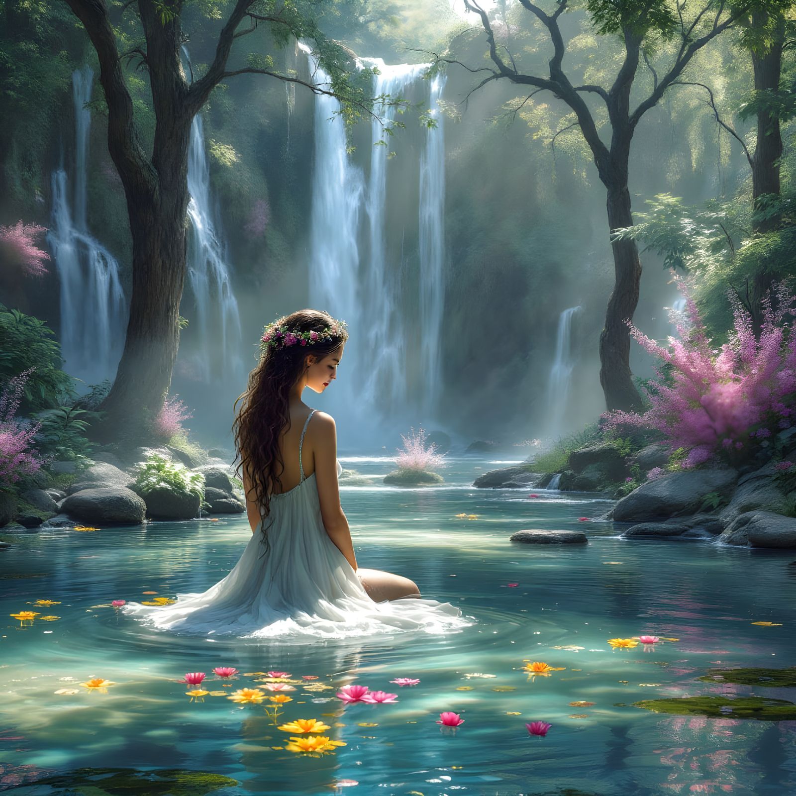 A Woman's Serene Moment by the Waterfall in Enchanting Fairy...