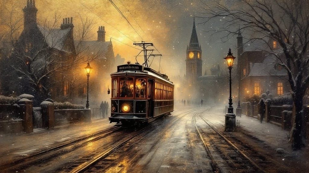 Ethereal Victorian Village at Dusk in a Golden Oil Painting
