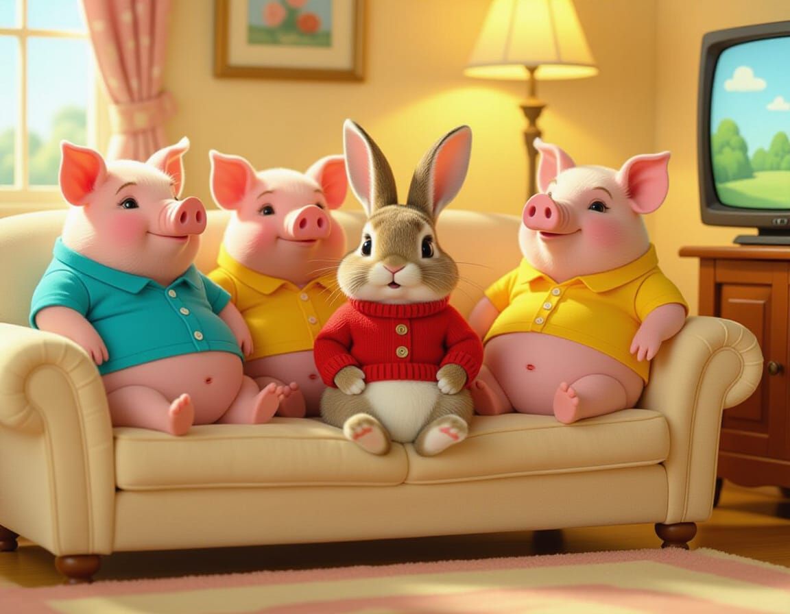 Rabbit and Pigs Watch TV, Illustrated Style