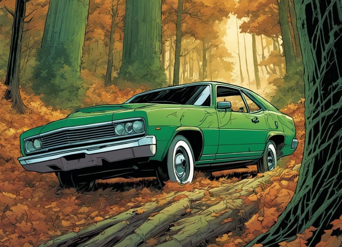 Green Car in Autumn Forest: Comic Book Art
