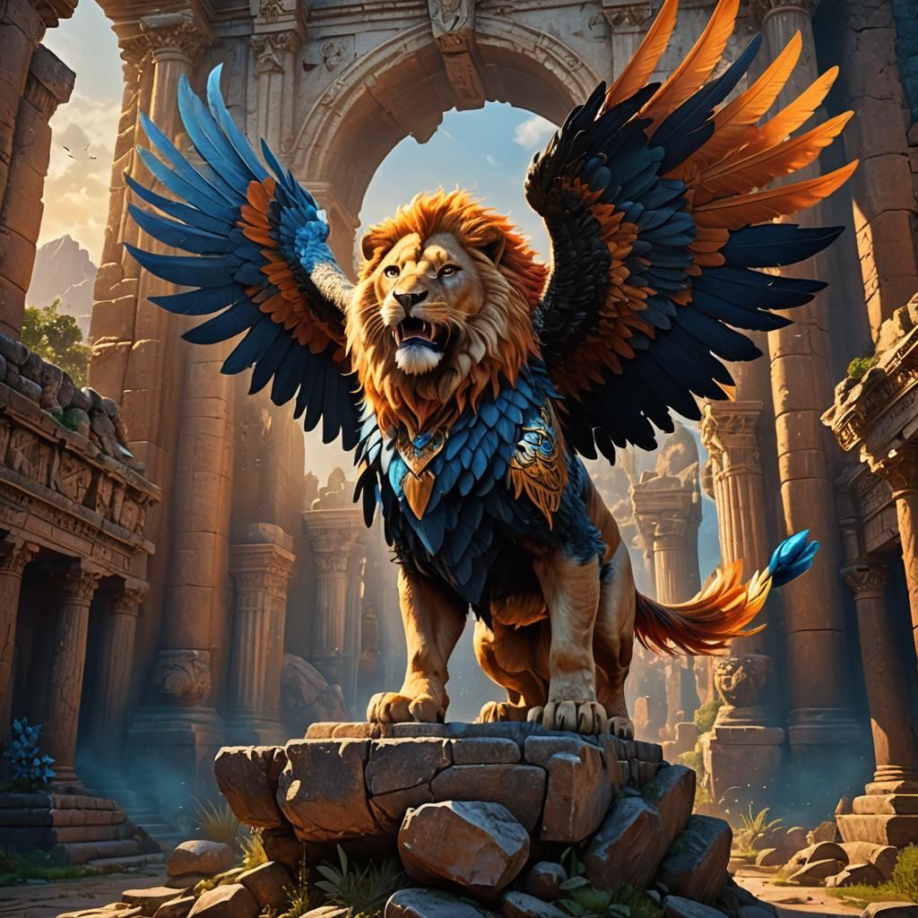 Majestic Gryphon Roaring in Ancient Ruins