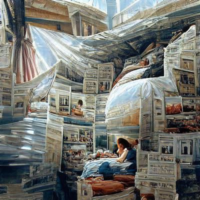 Endless Rooms Covered in Newspapers: Oil Painting