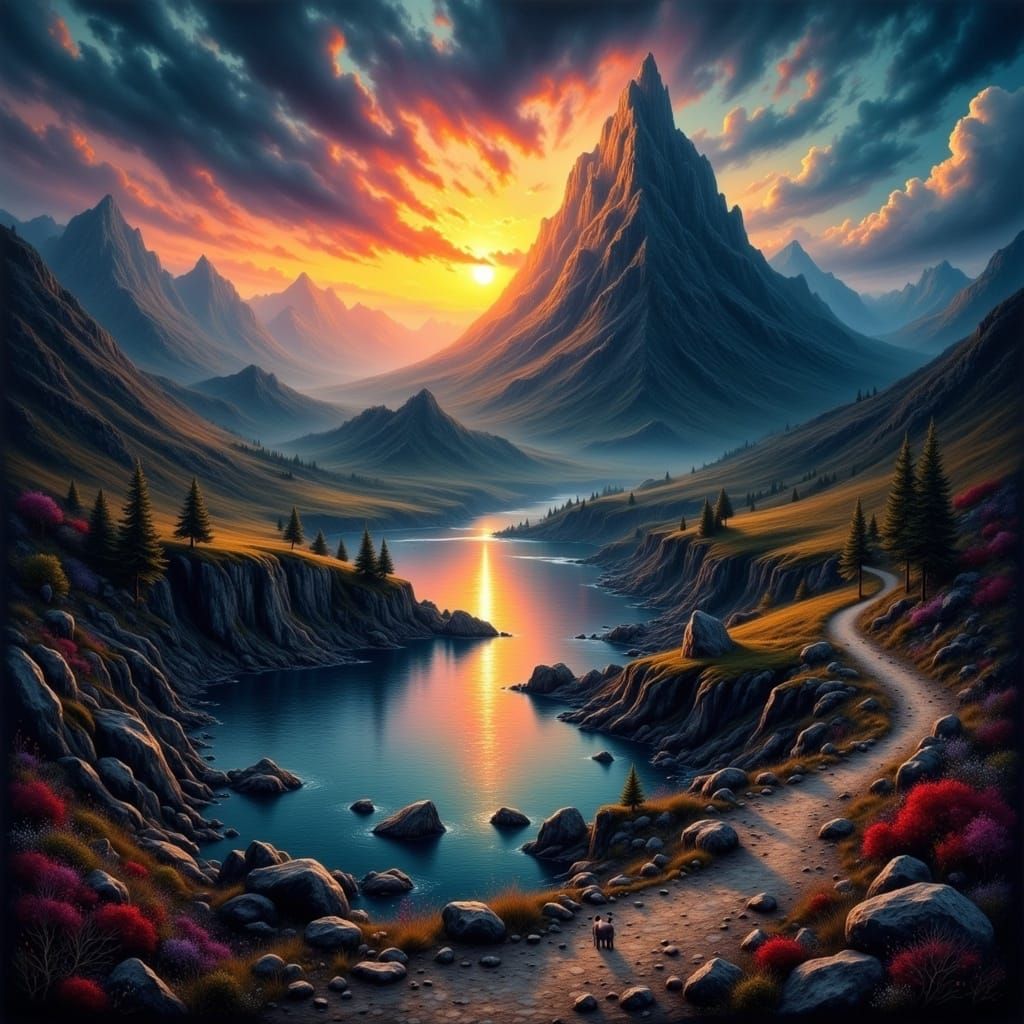 The mountain holds the sunrise
In the prison of the night
'Til bursting forth from rocky chains
The valley floods with l...