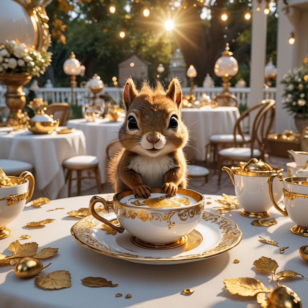Baby Squirrel at Tea Party: Pixar-Style 3D Render