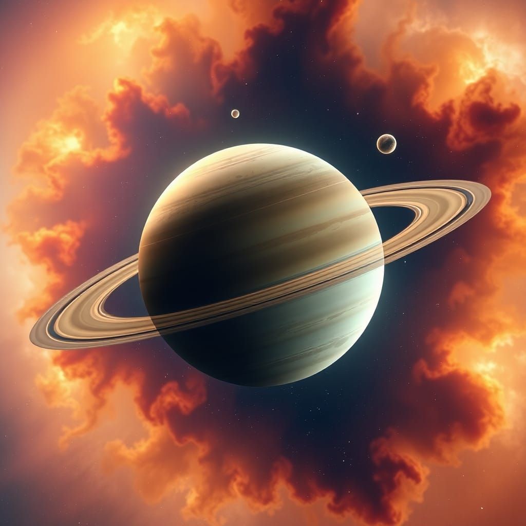 Saturn and Moons in Front of Nebula