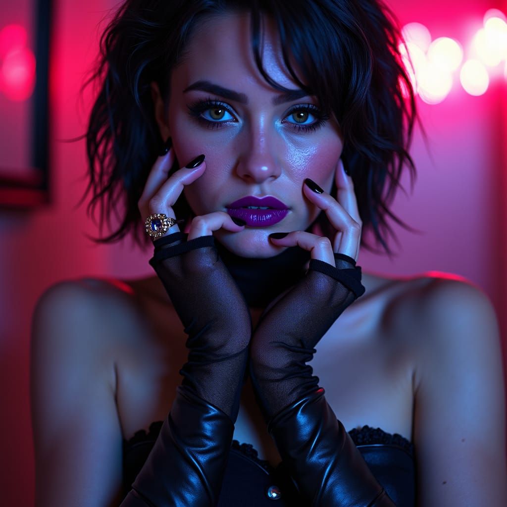 Gothic Girl with Cyberpunk Style and Neon Lips