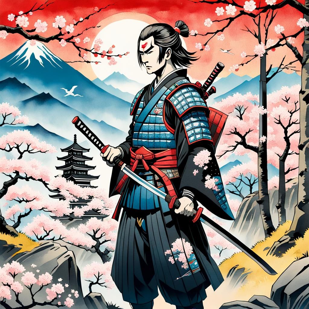 Samurai Warrior in Ukiyo-e Woodblock Print Style