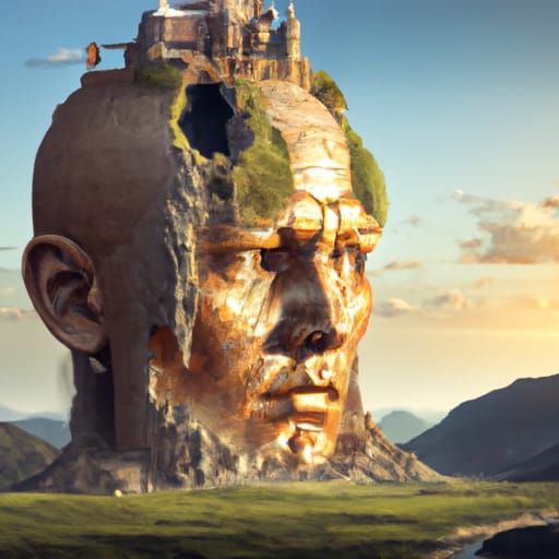 Surreal Landscape: Giant Head Statue with Castle