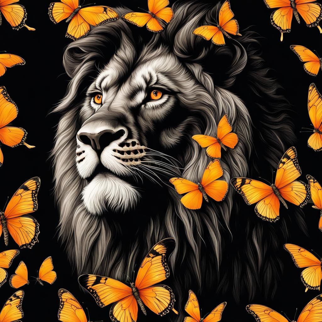 Electric Lion with Butterflies on Black Background
