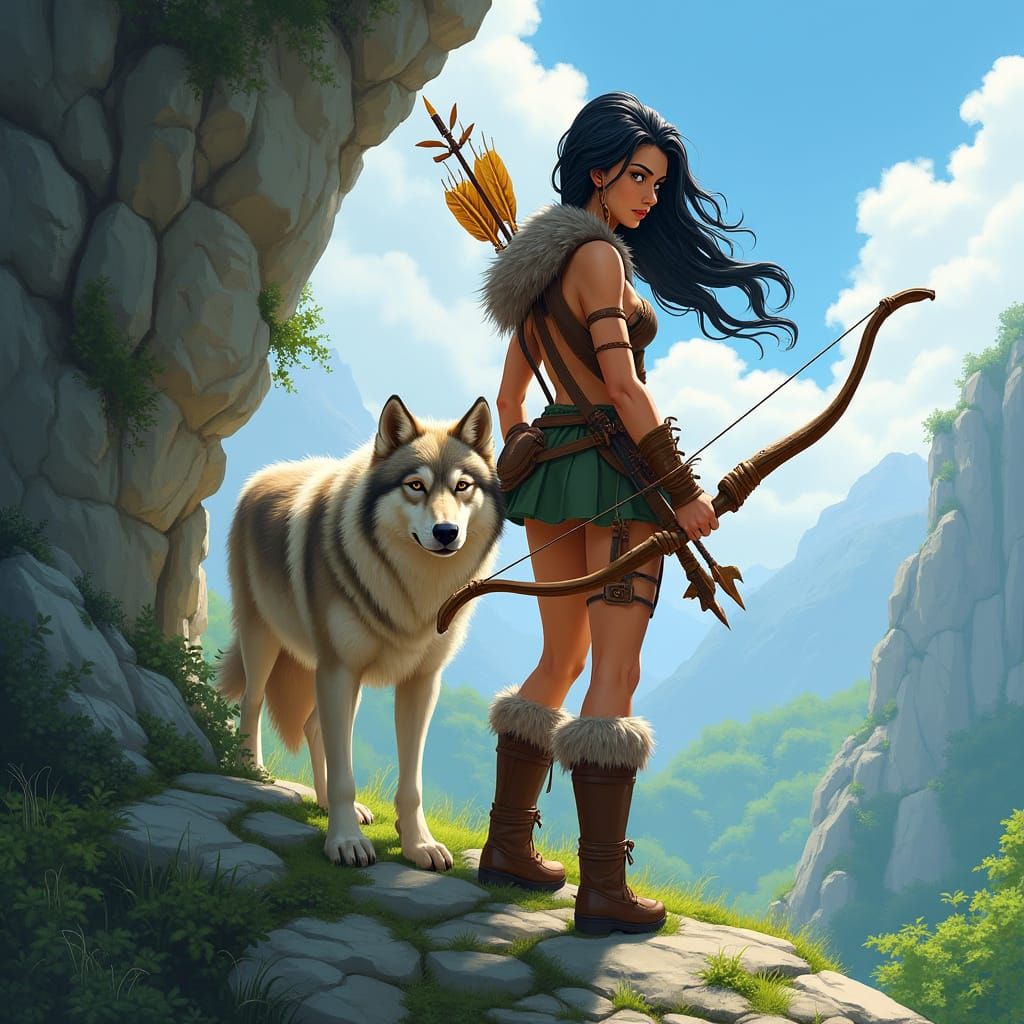 Fantasy Archer with Wolf in Painterly Style