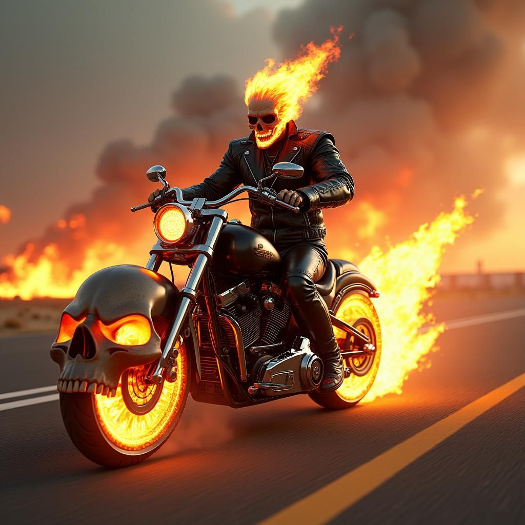 Cyborg Ghost Rider on Flaming Motorcycle, Unreal Engine 5