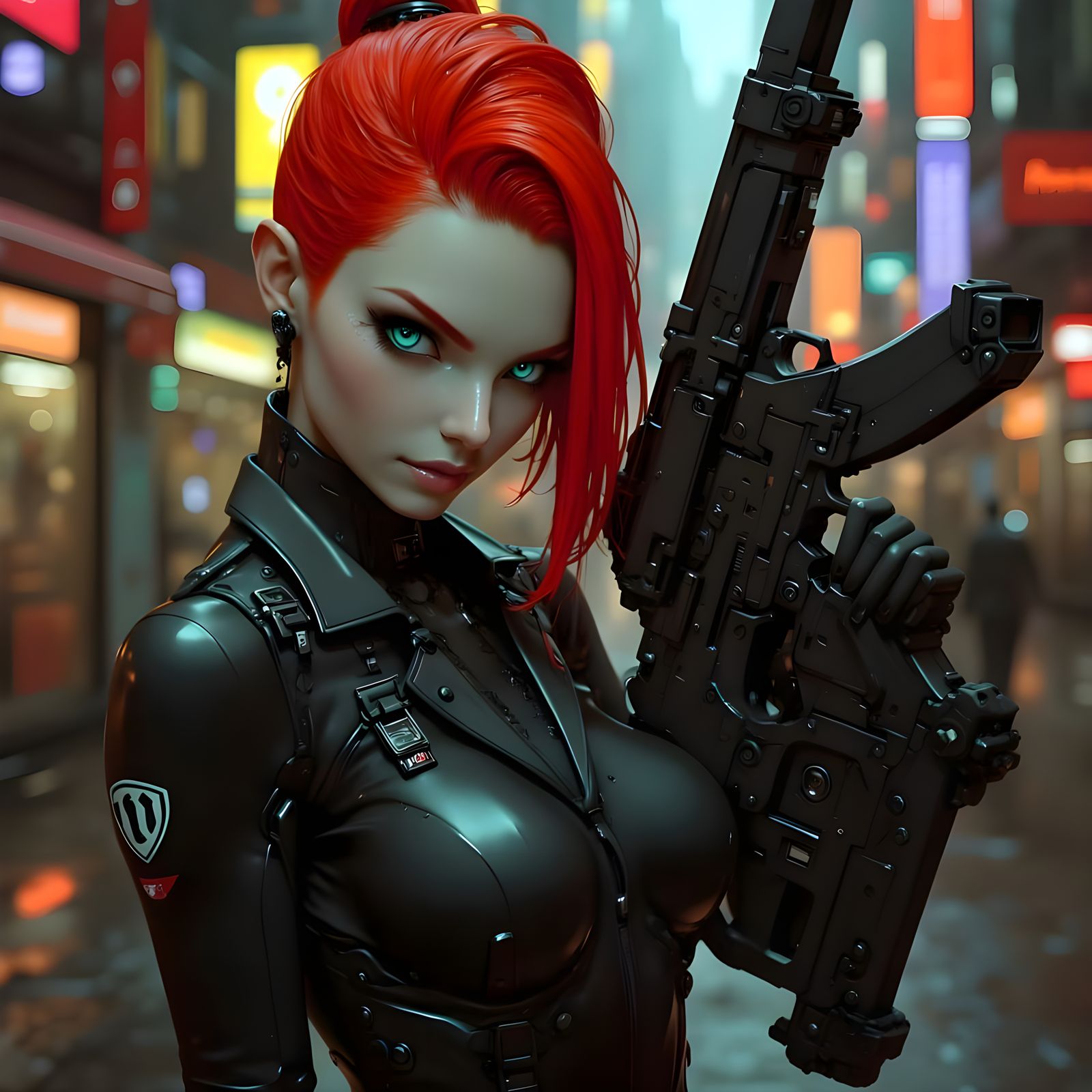 Neo Cyberpunk Warrior Woman in Gothic Cityscape