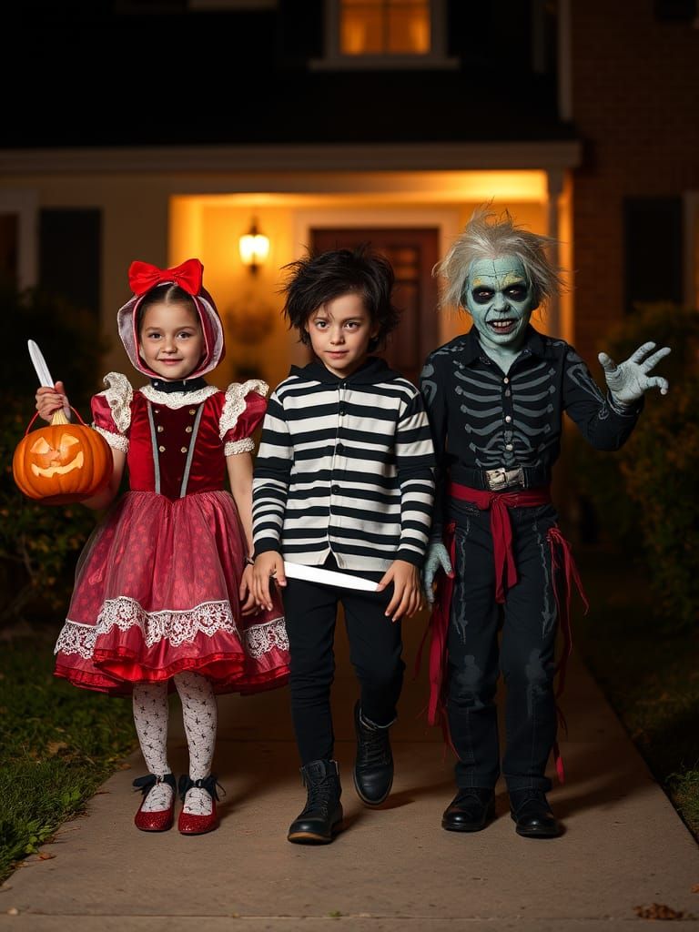 Children in Halloween Costumes Trick-or-Treating