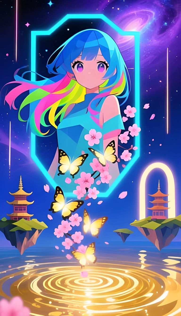 Anime Girl in Cosmic Dreamscape with Butterflies