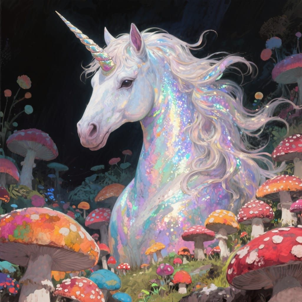 Glittering Unicorn in Mushroom Forest: Digital Painting