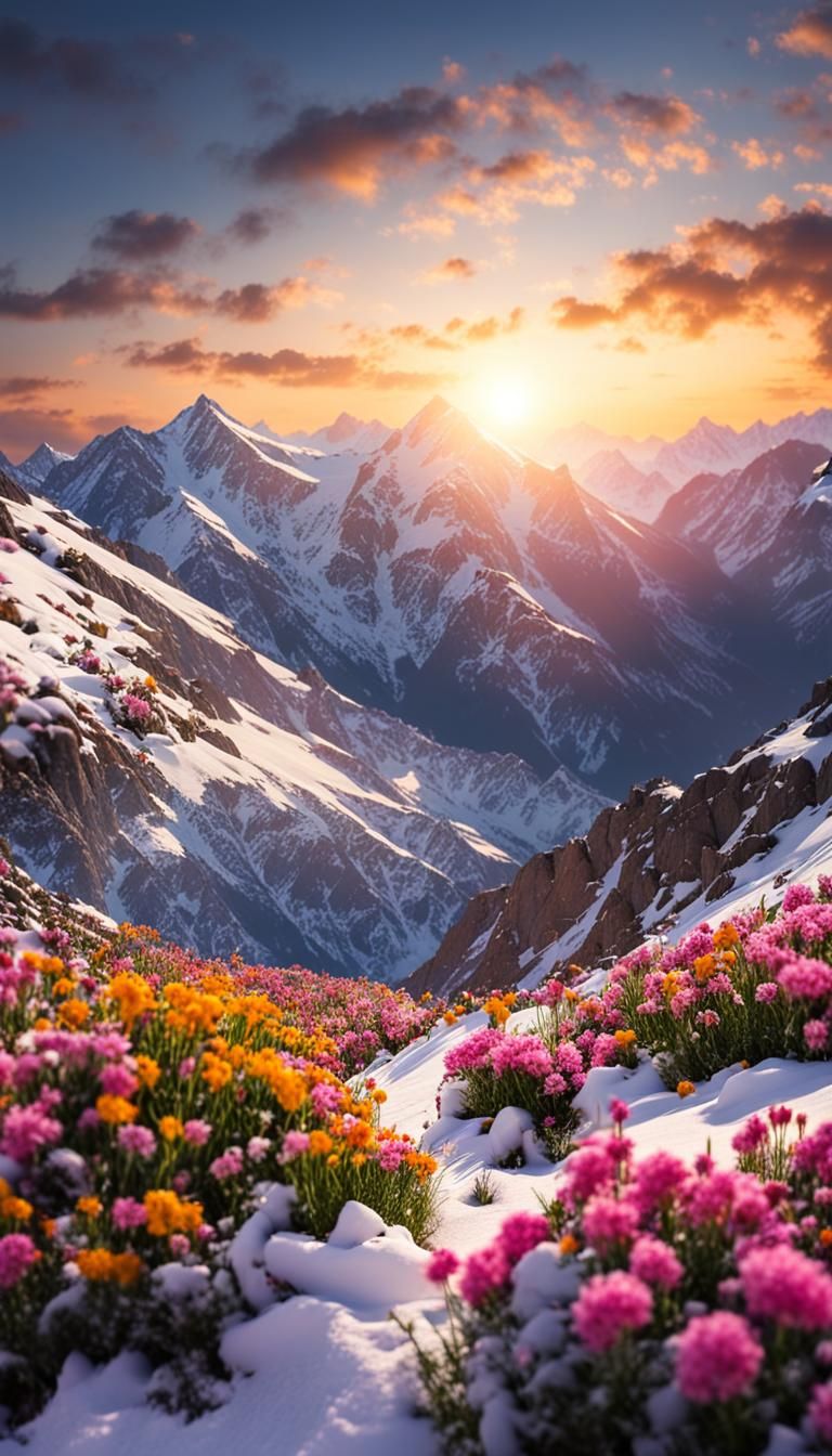 Detailed Mountain Landscape with Flowers and Sunset