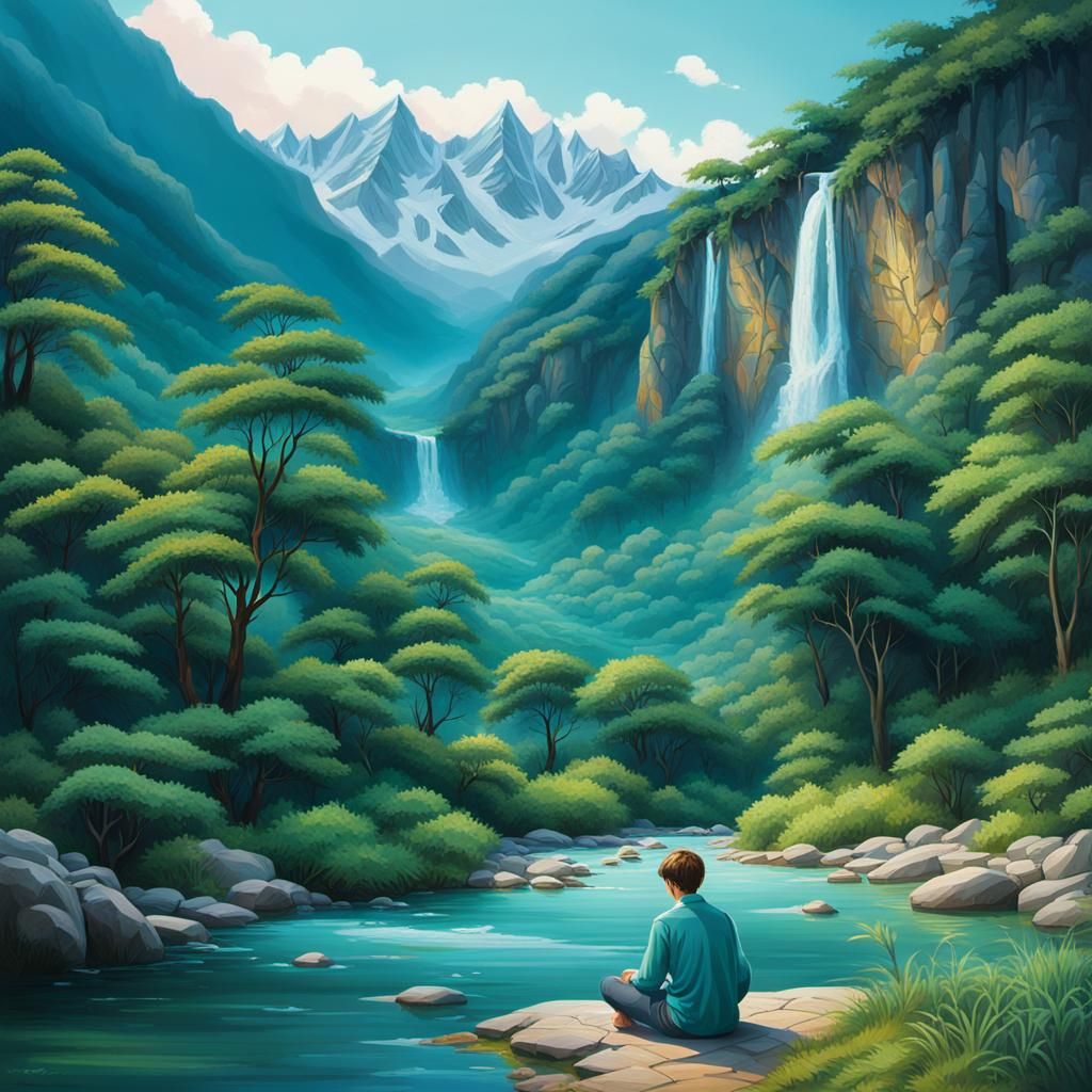 Boy Contemplates Mountain Range in Fantasy Landscape