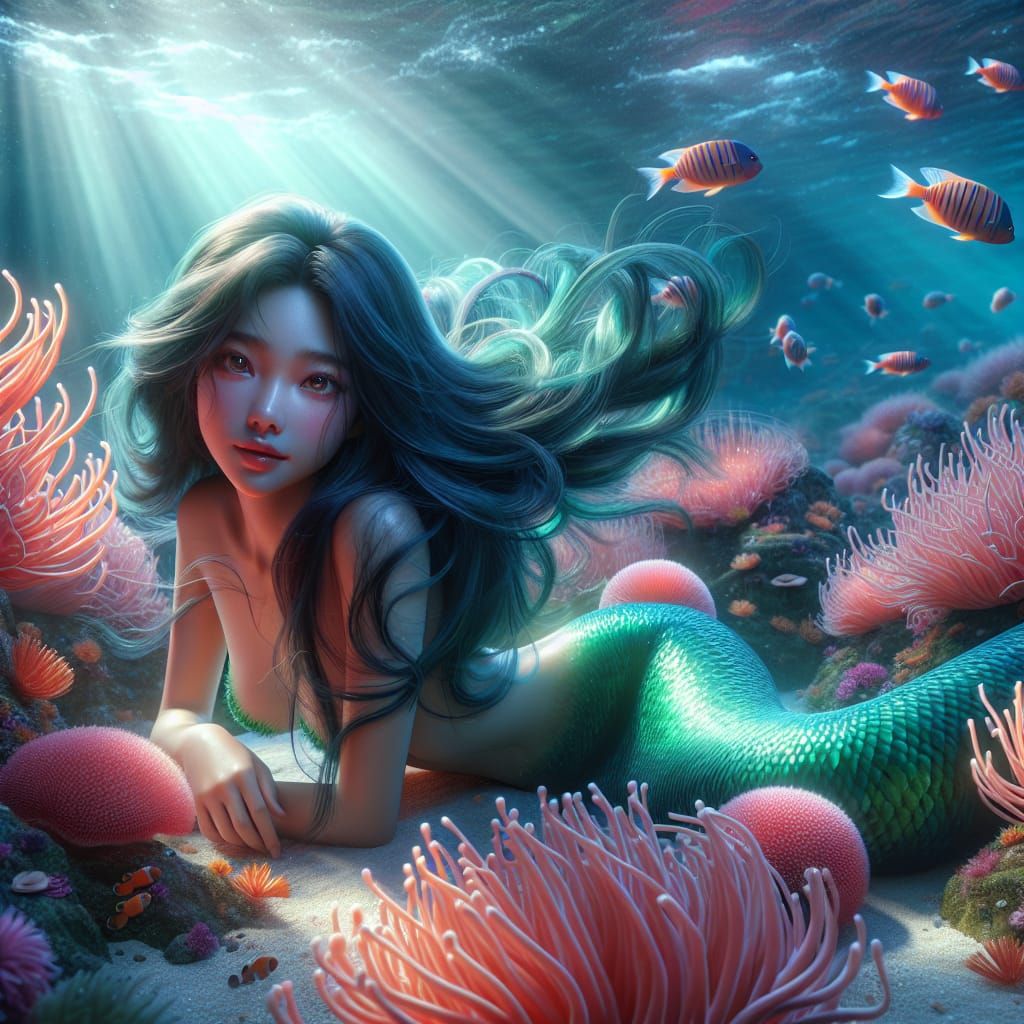 South Asian Mermaid in Vibrant Coral Reef