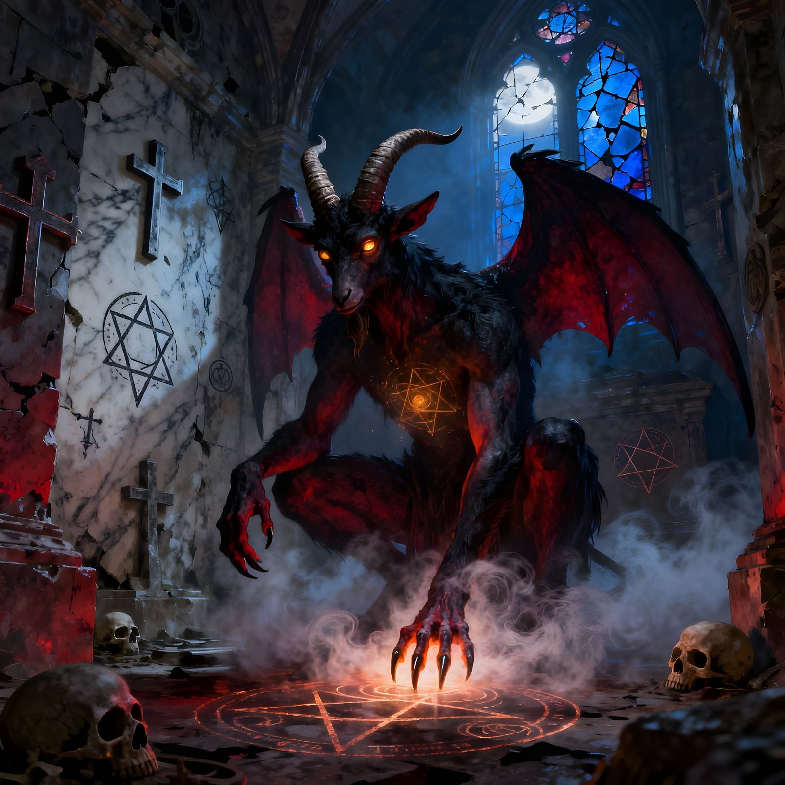 Macabre Baphomet in Ethereal Crypt by Thomas Kinkade