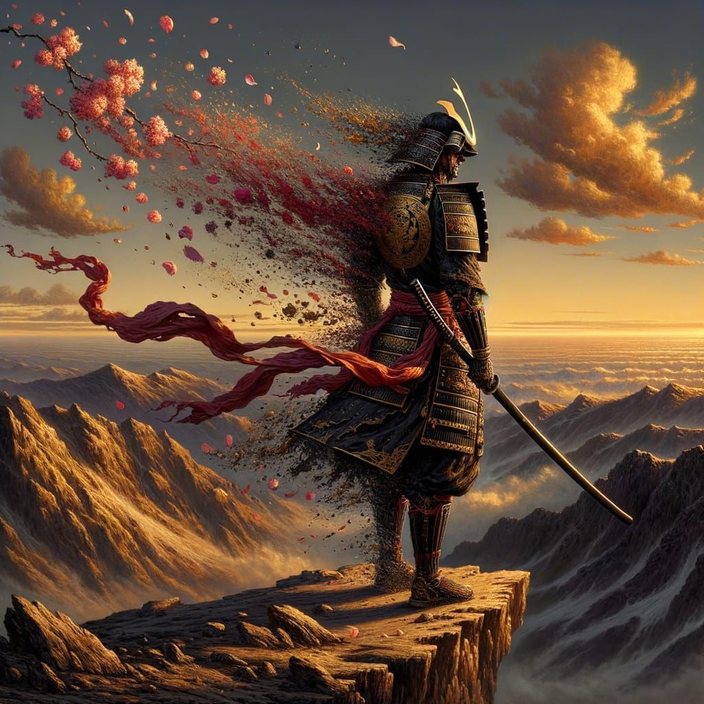 Samurai Dissolving into Wind with Sakura Petals
