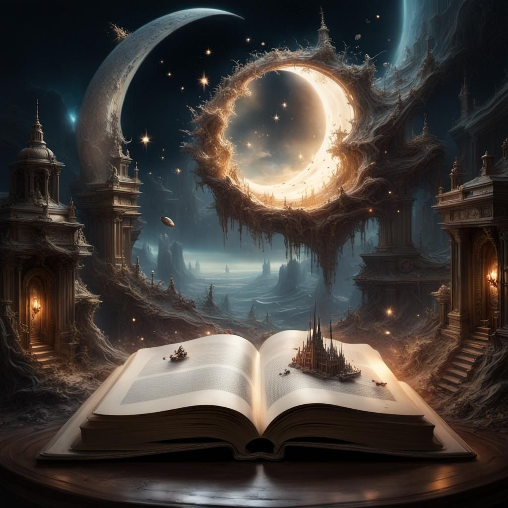 Sci-Fi World Emerges from Book, Fantasy Digital Art