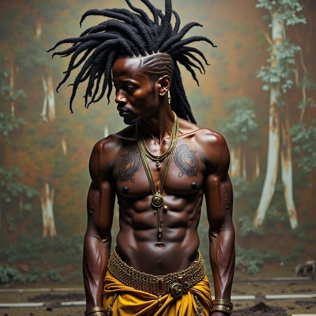 Powerful Nonbinary African Deity with Golden Accessories