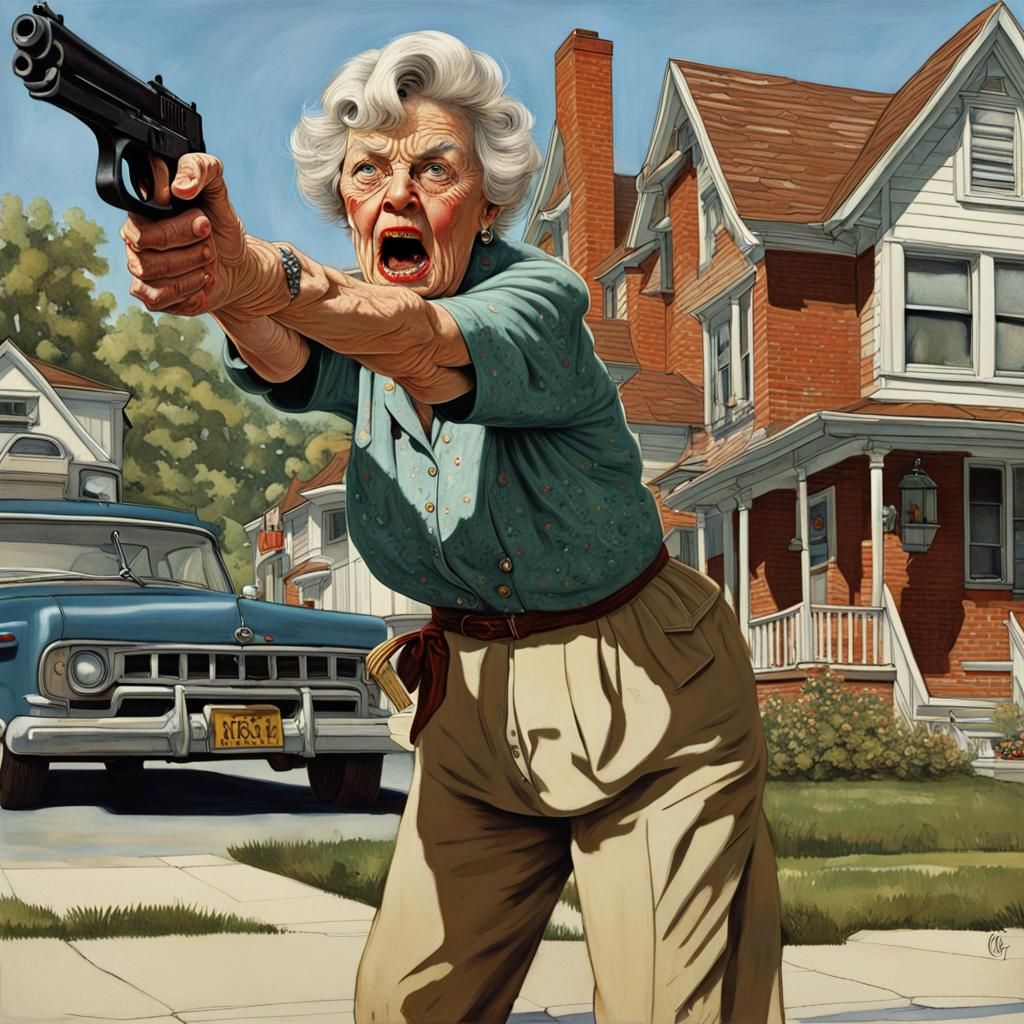 Suburban Grandma's Bold Stance: Rockwell-esque Portrait