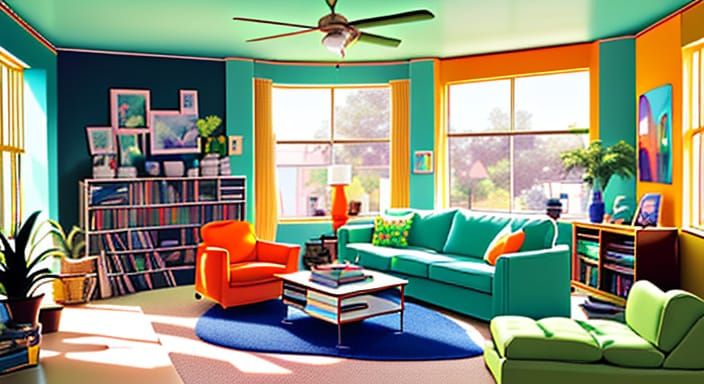 Vibrant Modern Living Room in Pastel Hues and Warm Light