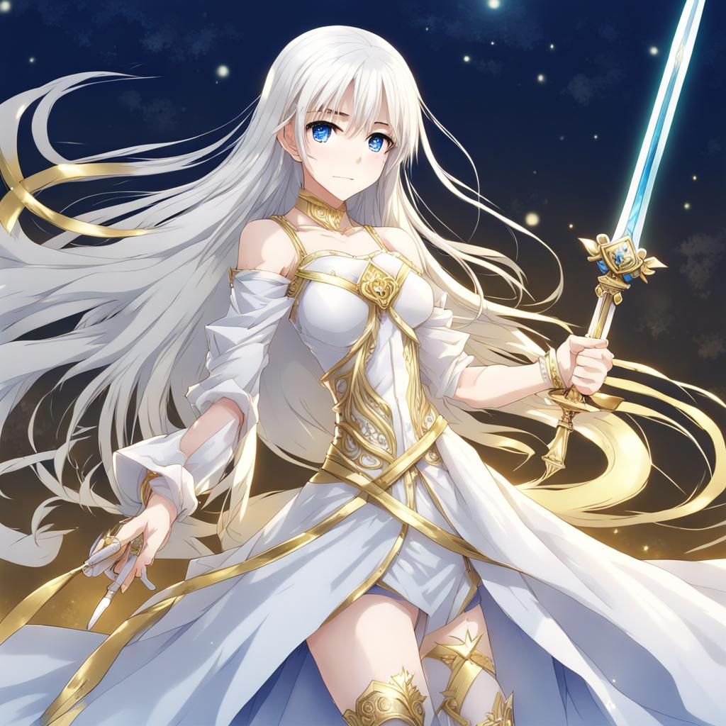 Anime Girl with Sword in Gold and White Dress