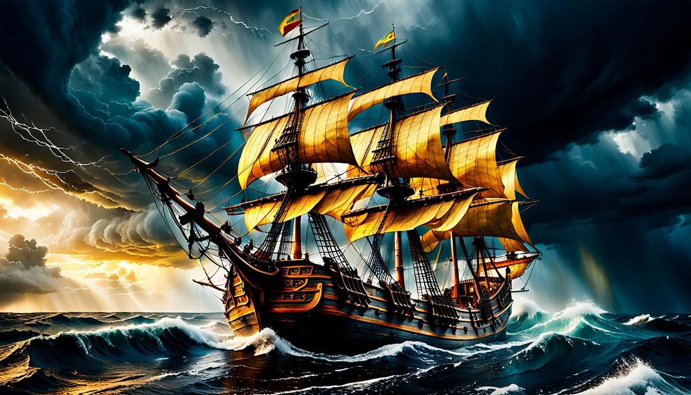 Spanish Galleon Sails Through a Tempestuous Storm