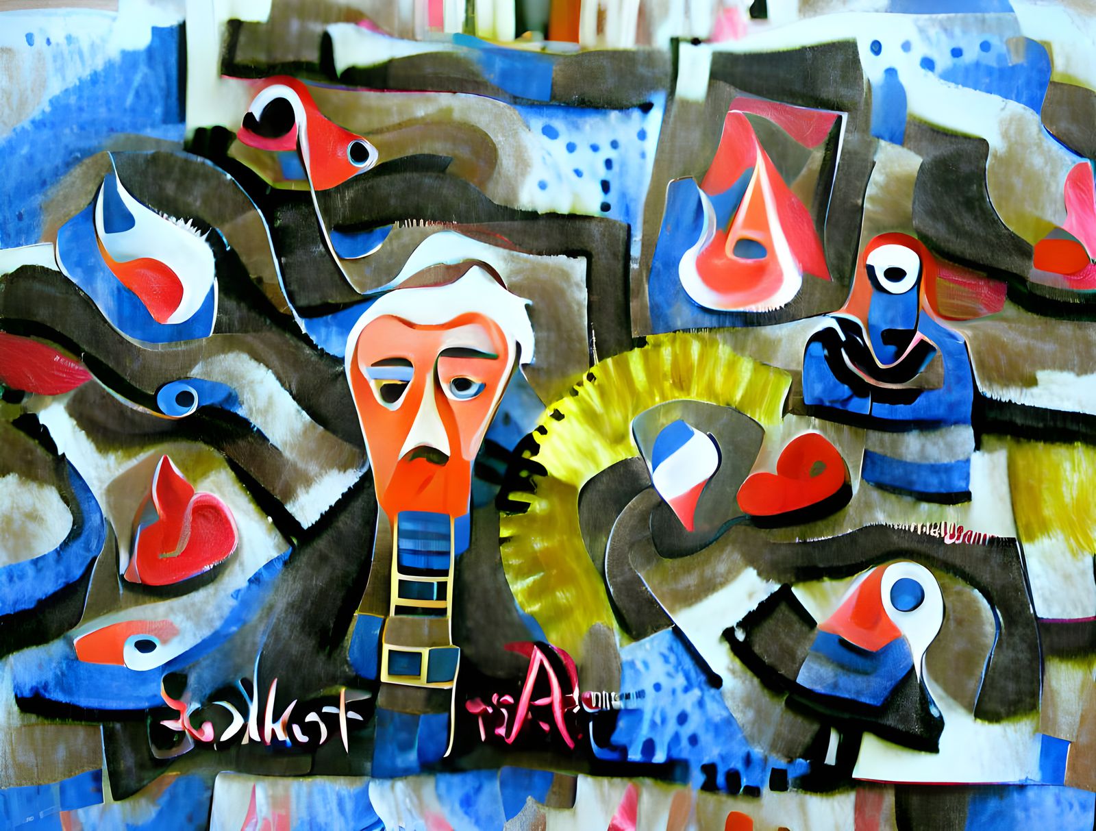 Abstract Folk Art Gouache Painting